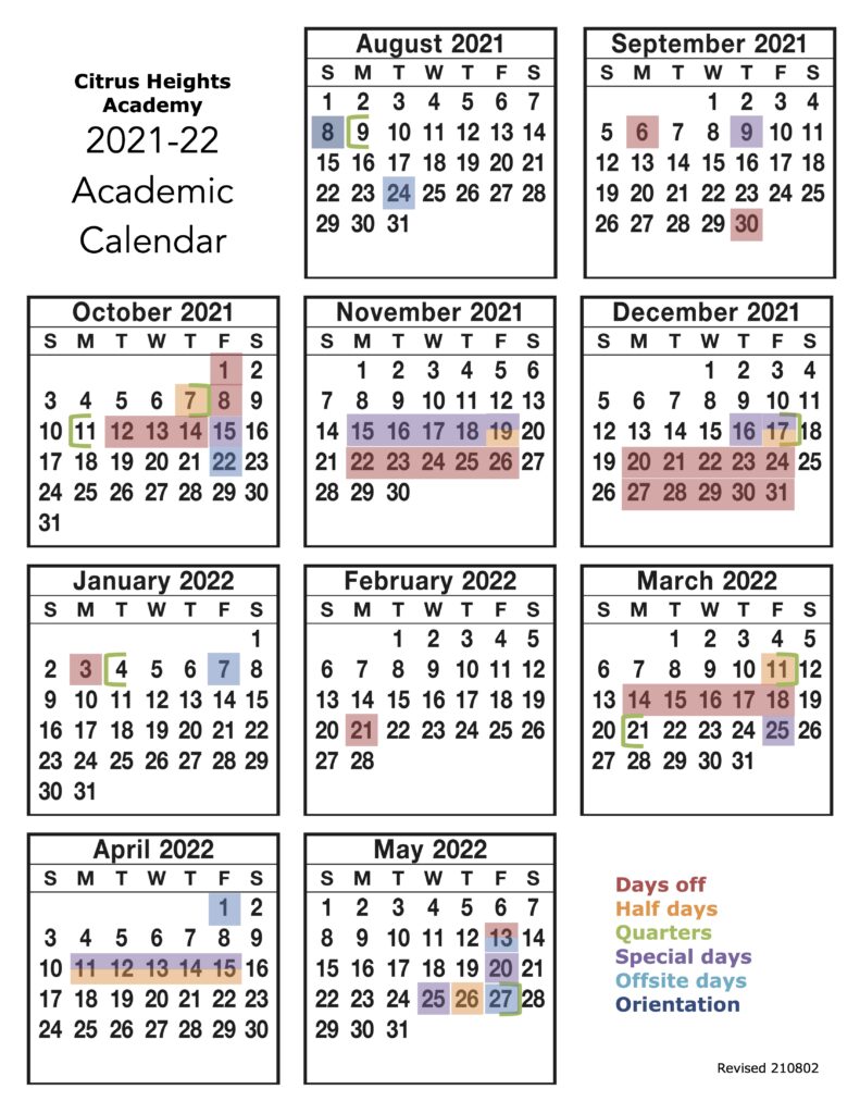 2021 2022 School Calendar Citrus Heights Church Of The Nazarene